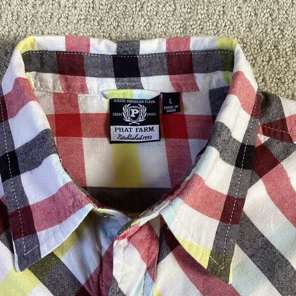 Phat Farm Plaid Button-Up Shirt Youth XL Red Yellow Black Short Sleeve - Picture 4 of 6